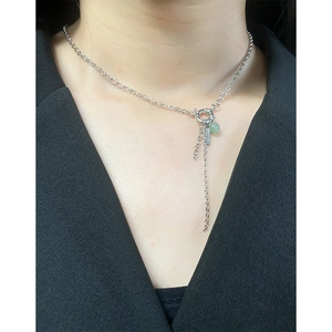 S925 sterling silver necklace with green aventurine pendant and long metal bar for women