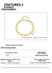 Detail view of gold S925 sterling silver pig nose link bracelet with adjustable chain