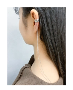 Detail of S925 sterling silver multi-layer ear cuff with long tassel chains on model