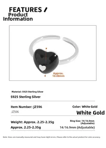 Detail of S925 sterling silver heart ring showing adjustable size and material specs