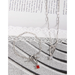 S925 silver OT buckle jewelry set with red zircon and paperclip chain necklace