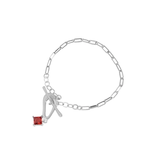 S925 sterling silver paperclip chain bracelet with red zircon and toggle clasp closure