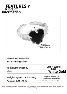 Spécifications de la bague en argent S925 avec épines et pierre de cœur noire