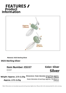 Macro detail of S925 sterling silver earrings with green jade rings and leaf charms
