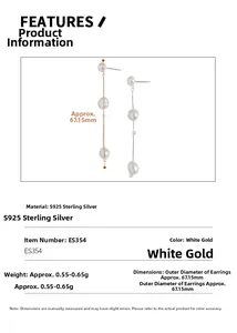 Détail des boucles d'oreilles goutte en argent S925 avec trois perles et dimensions