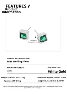 Detailed size and weight specs for square emerald zircon S925 silver stud earrings