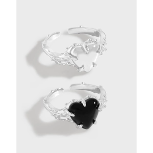 Bague Ajustable en Forme de Cœur en Argent Sterling 925 Vintage Texture d'Épine Gothique Irrégulier Agate Noire Bague Ouverte pour Femme Bijoux