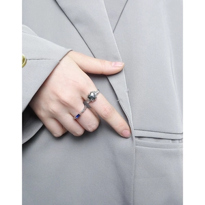 Ensemble de bagues minimalistes en argent S925 avec cœur noir et pierre bleue rectangulaire