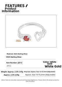 Detail of S925 sterling silver ring with red heart zircon and adjustable open band
