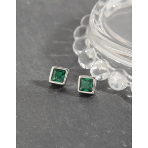 Minimalist S925 silver stud earrings with emerald-cut green cubic zirconia stones
