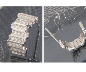 Macro view of S925 silver stud earrings featuring staggered rows of white cubic zirconia