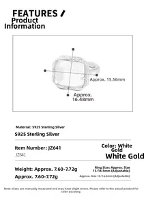 Detail of S925 sterling silver ring featuring a large 15mm square crystal with measurements