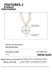 Spécifications techniques du collier croix en perles argent S925 avec dimensions