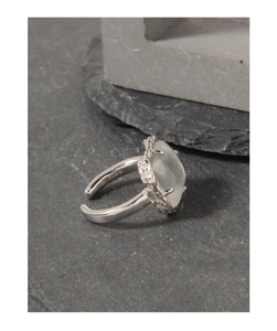 Macro detail of S925 sterling silver ring with large oval moonstone and branch texture