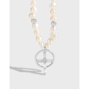 Collier Pendentif Croix en Argent Sterling 925 Perle Artificielle pour Femme Luxe Cercle Strass Bijoux de Mode Religieuse