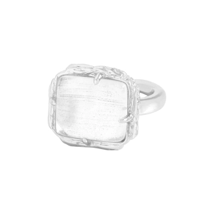 Minimalist S925 sterling silver ring with large square crystal and branch texture