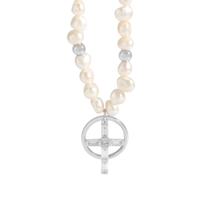 Collier en perles naturelles argent 925 avec pendentif croix en zircon et anneau évidé
