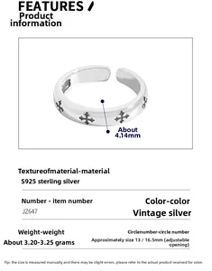 Detail view of S925 sterling silver cross ring showing width and technical parameters