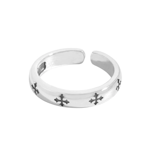 Retro S925 sterling silver adjustable open ring with vintage cross relief patterns