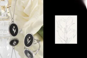 Detailed view of S925 silver tulip ring and necklace set with black enamel inlay