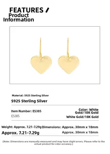 Detail showing S925 sterling silver heart earrings with size 30x18mm and polished finish