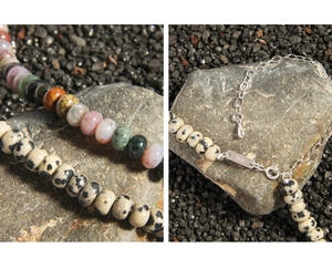 Detailed close-up of S925 sterling silver lobster clasp and natural dalmatian stone beads