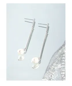 S925 silver long drop earrings with minimalist bar and glossy freshwater pearl detail
