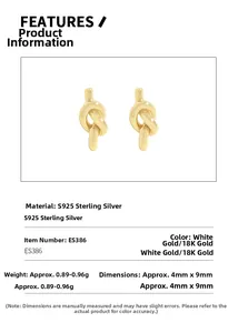 Macro detail of S925 sterling silver knotted stud earrings with product specifications