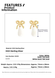 Detailed view of S925 sterling silver bow knot earrings with white teardrop pearls