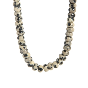 Minimalist S925 silver necklace with spotted Dalmatian Jasper beads on white background