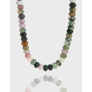 Natural Indian Agate Bead Necklace Multicolor Stone Clavicle Chain S925 Sterling Silver Clasp For Women Boho Jewelry