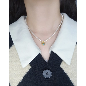 S925 sterling silver pearl necklace with golden heart pendant and turquoise gemstone