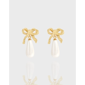 Bow Knot Teardrop Artificial Pearl Earrings With 925 Sterling Silver Earring Post Elegant Light Luxury Jewelry For Women
