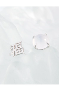 S925 silver asymmetrical earrings with Fu character and translucent round white gemstone