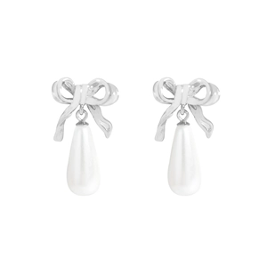 Elegant S925 silver bowknot earrings with white teardrop pearl drops on white background