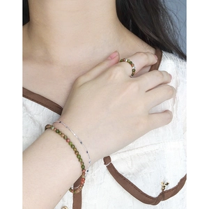 Ensemble bague et bracelet en argent S925 avec perles de jade vert pour femme