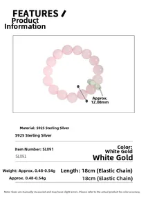 S925 silver beaded bracelet with 12mm pink agate stones and green accents