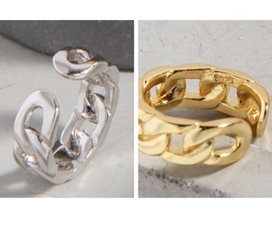 Macro shot of S925 sterling silver chain link ear cuffs in gold and silver finishes