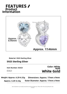 Detailed size specifications of S925 sterling silver heart earrings with colorful zircons