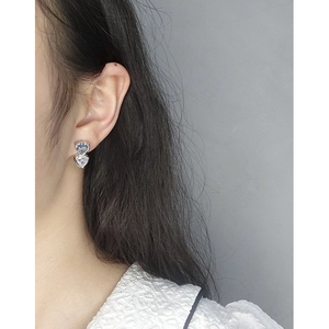 Elegant S925 silver double heart earrings with light blue and clear zircon stones