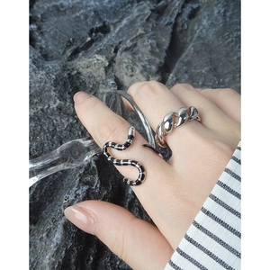 S925 silver twist chain ring and striped snake open ring set on textured stone