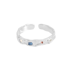 S925 silver adjustable ring featuring hammered lava texture and colorful zircon stones