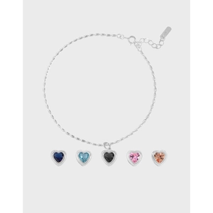 Bracelet de Cheville en Argent Sterling 925 avec Cœur en Zirconia pour Femmes Chaîne Satellite Bijoux de Pied Réglable