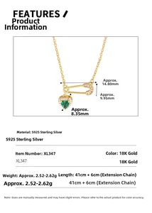 Detailed S925 silver necklace specs showing green heart pendant and safety pin charm