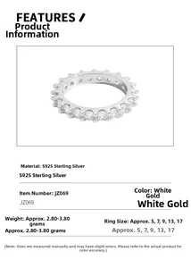 Detailed chart showing S925 sterling silver ring specs and round zircon gear design