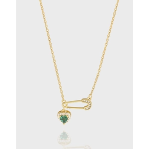 Elegant S925 Sterling Silver Green Heart Gemstone Necklace For Women Creative Safety Pin Design Rhinestone Jewelry Gift