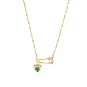 S925 Sterling silver gold safety pin necklace with green heart-shaped gem and diamonds