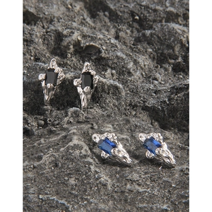 Irregular textured S925 silver studs with inset blue and black rectangular zircons