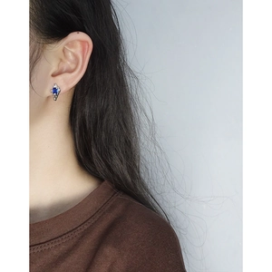Irregular textured S925 silver stud earrings with a deep blue rectangular zircon stone