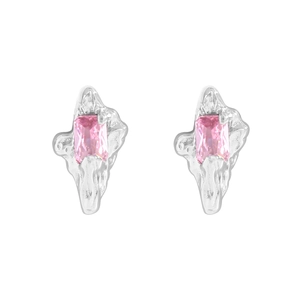 Irregular textured S925 silver stud earrings featuring pink zircon stones on white background